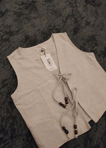 Keten Bej Kolsuz Kadın Yelek - Görsel 4