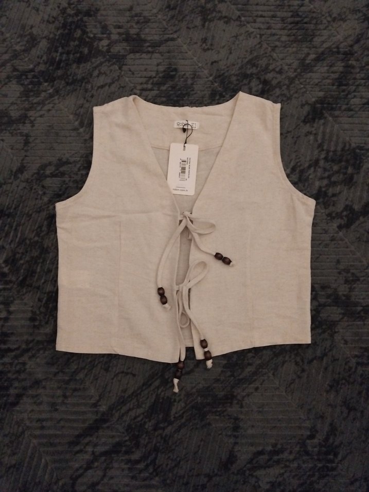 Keten Bej Kolsuz Kadın Yelek - Görsel 2