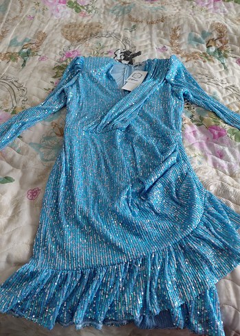 Mavi Pullu Uzun Kollu payetli Abiye Elbise - Görsel 3