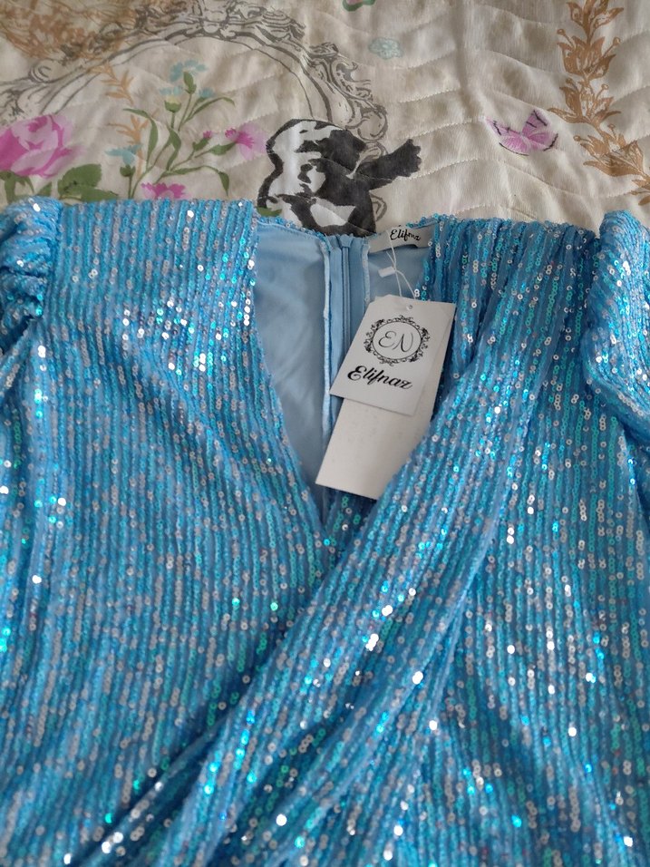 Mavi Pullu Uzun Kollu payetli Abiye Elbise - Görsel 5