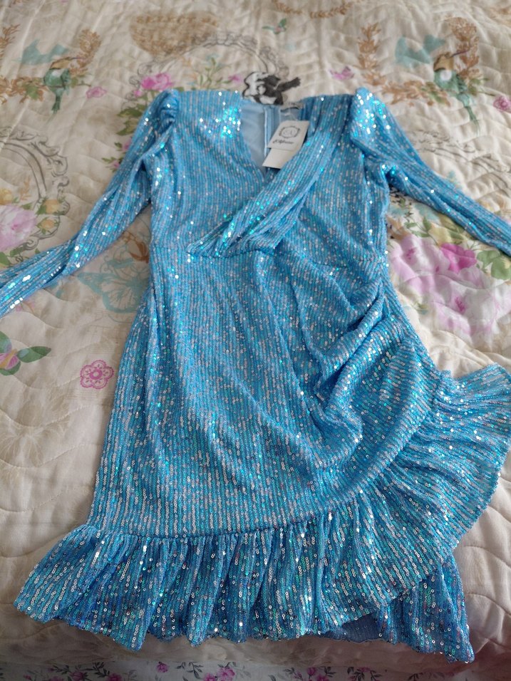 Mavi Pullu Uzun Kollu payetli Abiye Elbise - Görsel 2