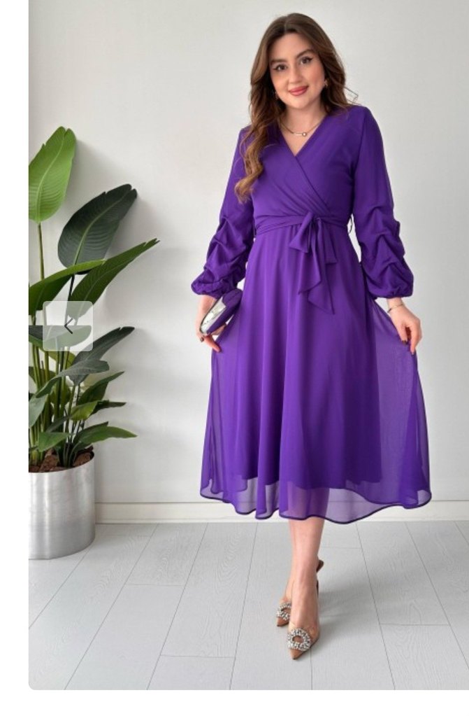 Mor Uzun Kollu şifon  V Yaka Elbise - Görsel 3