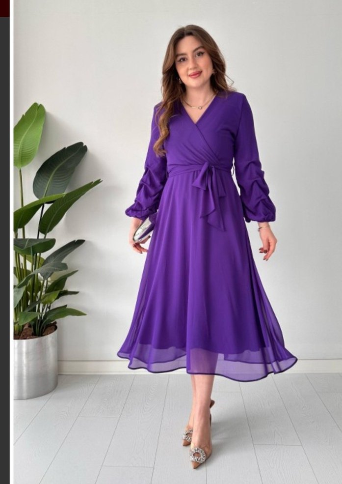 Mor Uzun Kollu şifon  V Yaka Elbise - Görsel 4