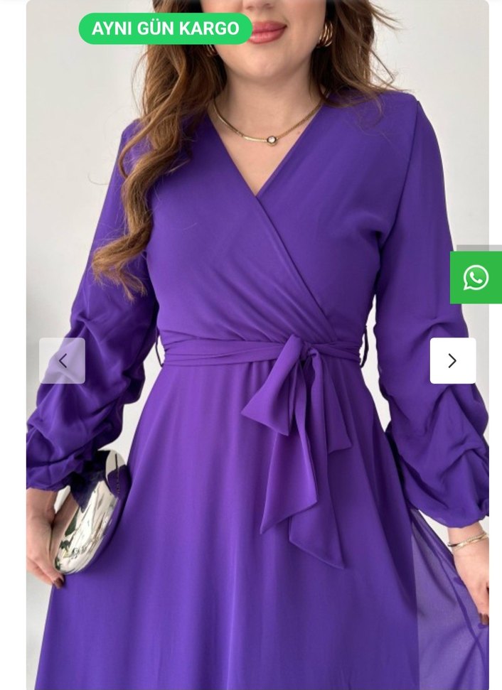 Mor Uzun Kollu şifon  V Yaka Elbise - Görsel 2