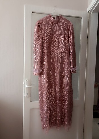 Pembe Dantel Uzun Kollu Bohem Abiye Elbise
