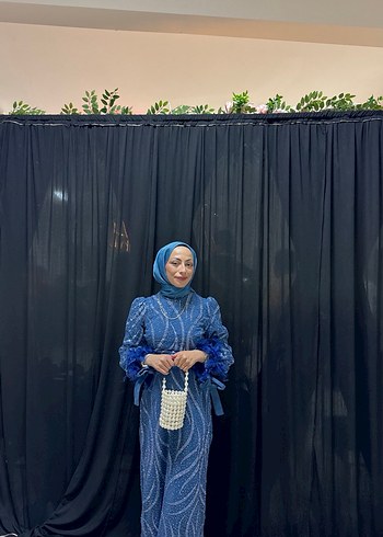 Uzun Kollu Mavi Bağlamalı Uzun Elbise - Görsel 2