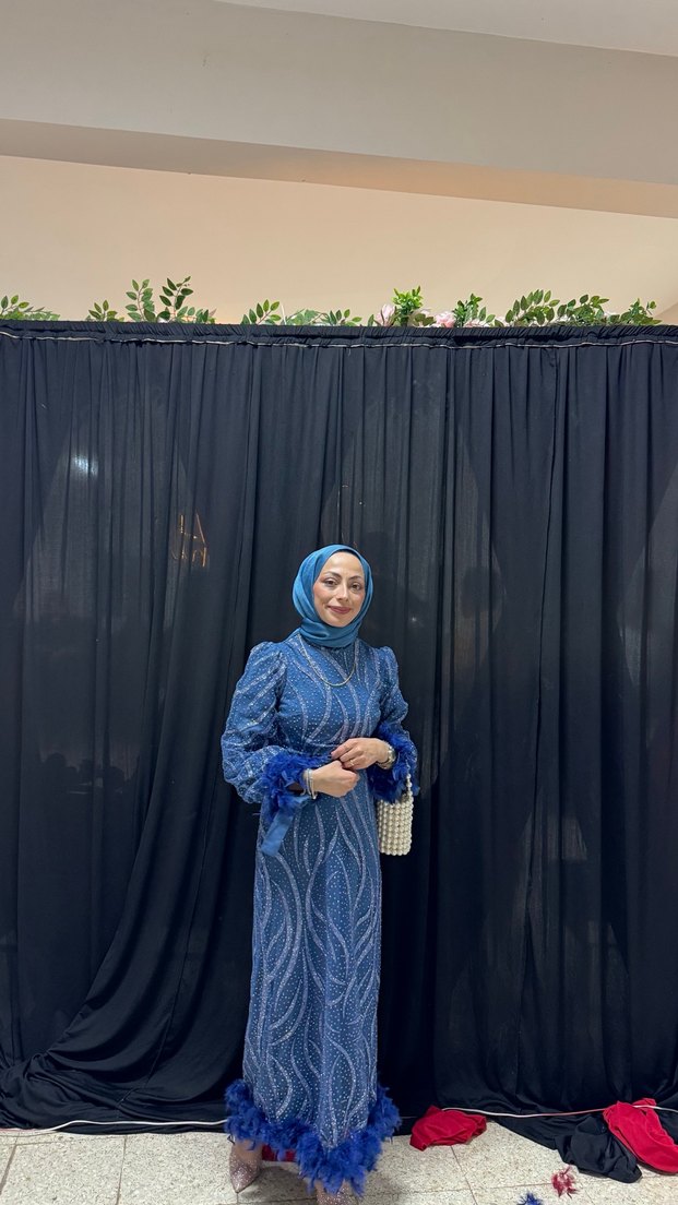 Uzun Kollu Mavi Bağlamalı Uzun Elbise - Görsel 3