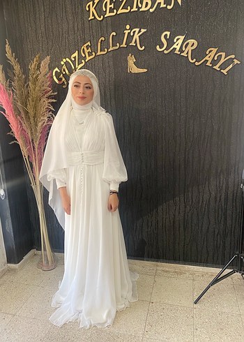 Uzun Kol Drapeli Beyaz Tesettür Abiye - Görsel 3