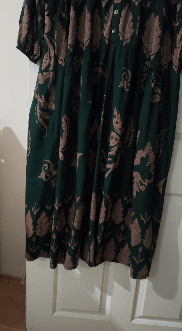 Uzun Yeşil Bohem Desenli Gömlek Elbise - Görsel 3