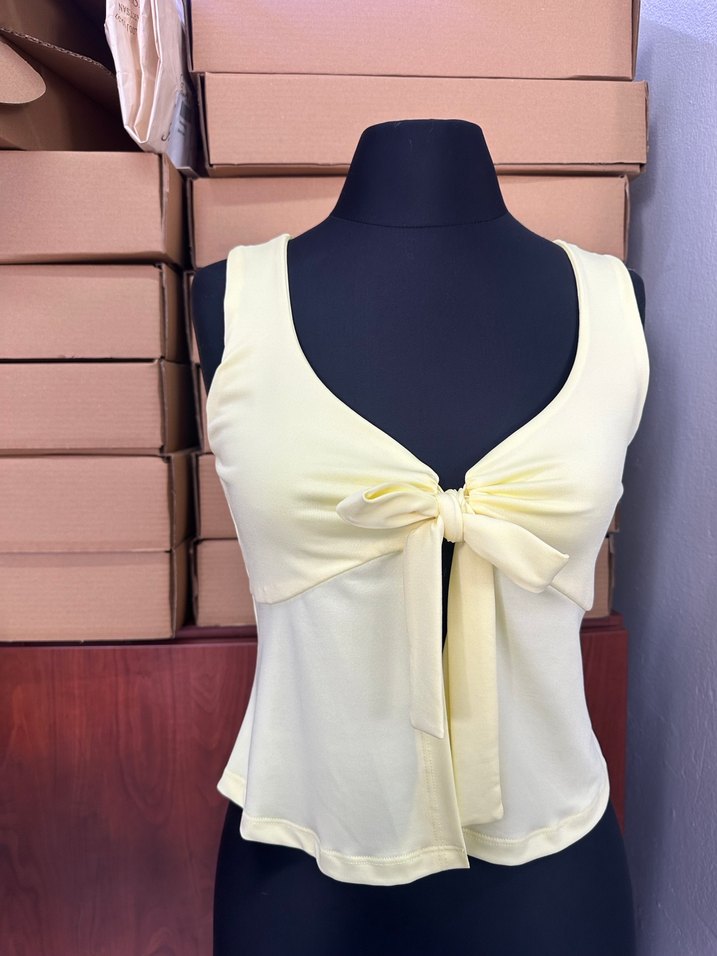 Önü düğümlü Sarı Mini V-Yaka bluz - Görsel 2