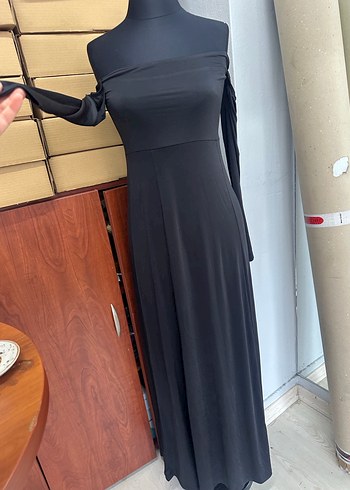 Uzun Siyah Straplez Drapeli Elbise - Görsel 3