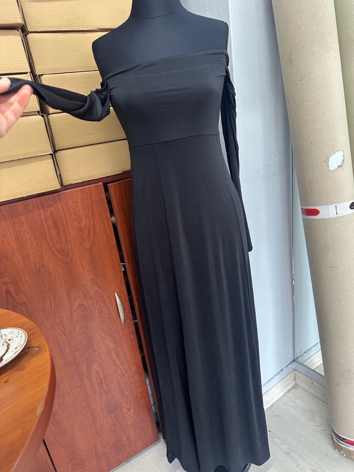 Uzun Siyah Straplez Drapeli Elbise - Görsel 3