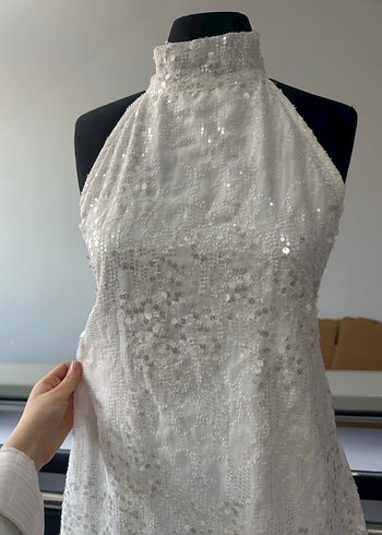 Parlak Beyaz Midi elbise - Görsel 5