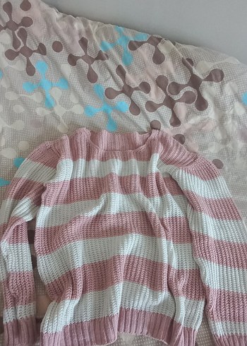 Pembe Beyaz Çizgili Örgü Kadın Kazak - Görsel 2