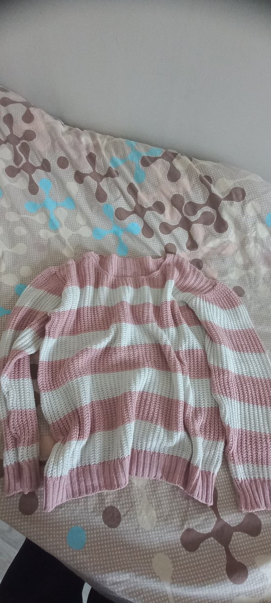 Pembe Beyaz Çizgili Örgü Kadın Kazak - Görsel 2