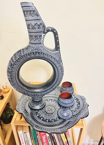 El İşçiliği Siyah-Beyaz Desenli Seramik Set - Görsel 3