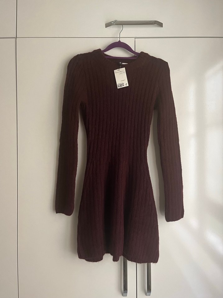 Bordo Uzun Kollu Triko Midi Elbise - Görsel 2