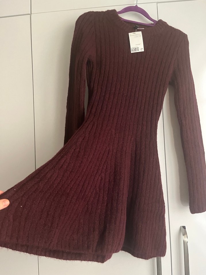 Bordo Uzun Kollu Triko Midi Elbise - Görsel 4