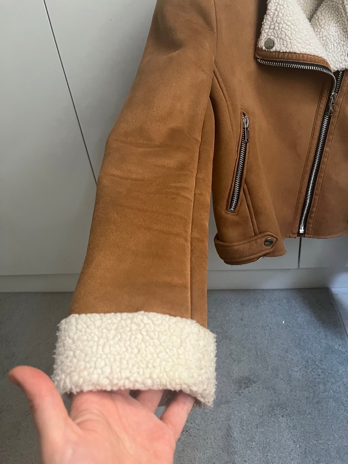 Kürk Detaylı Kahverengi biker Kadın Ceket - Görsel 3