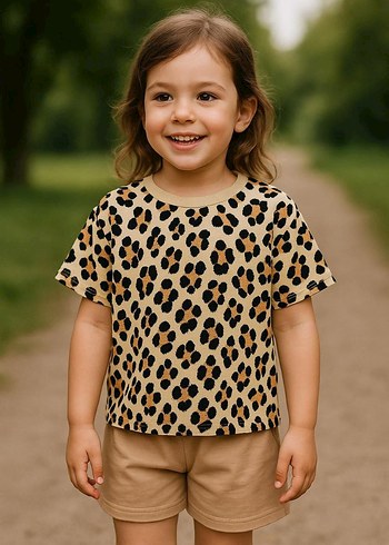 Kız Çocuk Leopar Desenli Kısa Kollu Tişört - Görsel 3
