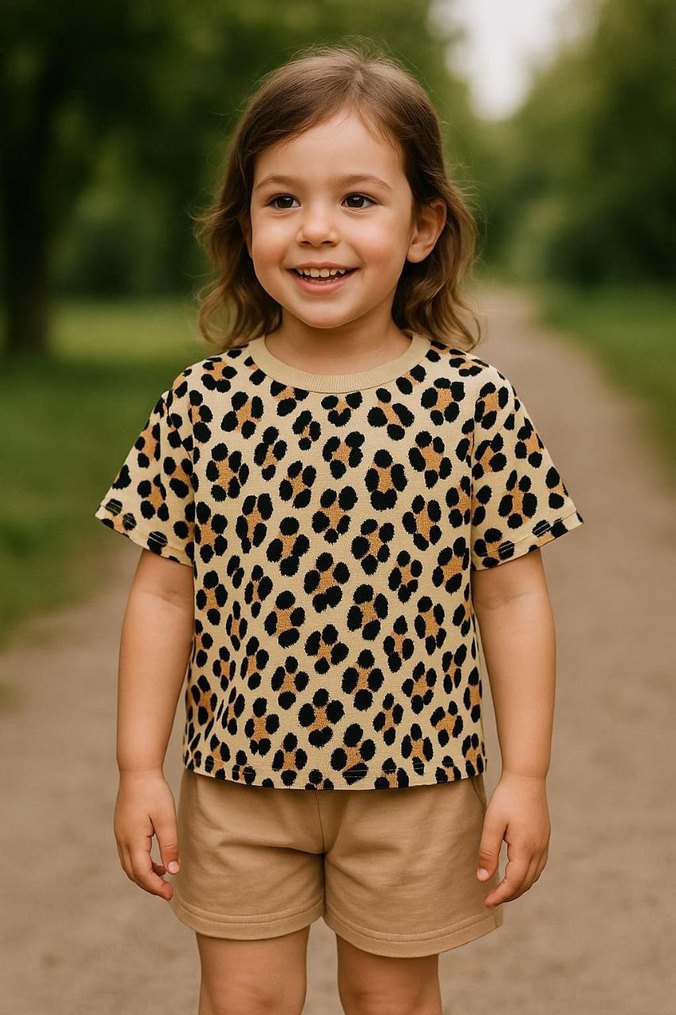 Kız Çocuk Leopar Desenli Kısa Kollu Tişört - Görsel 3