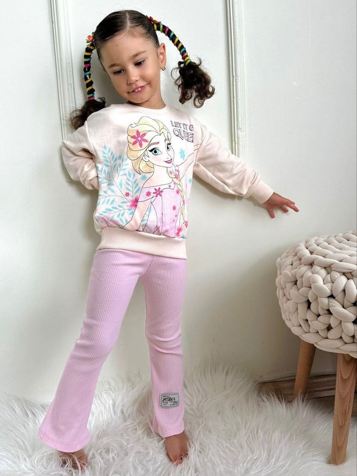 Kız Çocuk Pembe Baskılı Triko Eşofman Takımı - Görsel 4