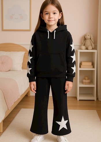 Kız Çocuk Mor Kapüşonlu Nakışlı Eşofman Takımı - Görsel 2