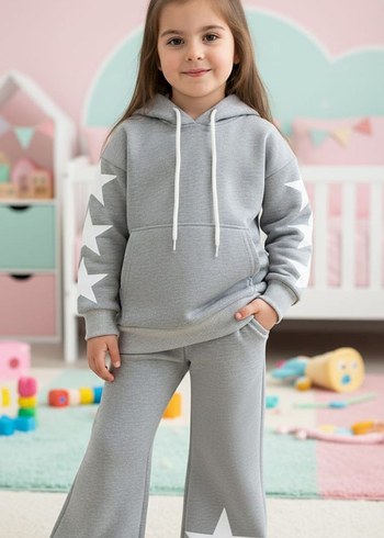 Kız Çocuk Mor Kapüşonlu Nakışlı Eşofman Takımı - Görsel 4