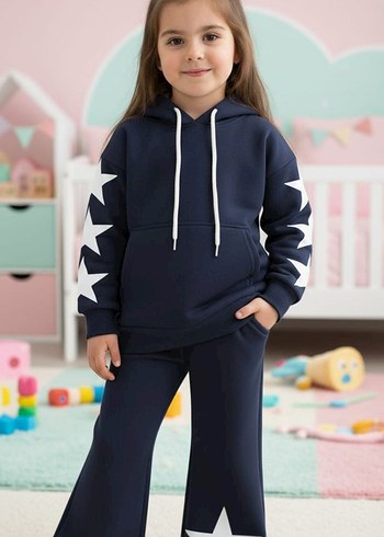 Kız Çocuk Mor Kapüşonlu Nakışlı Eşofman Takımı - Görsel 3