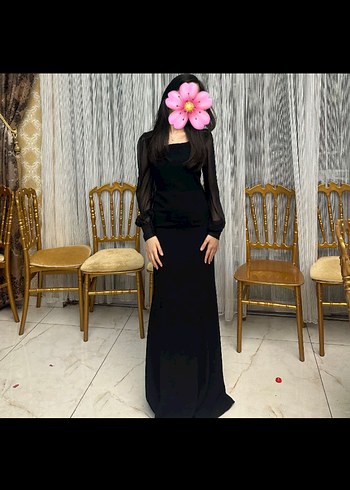 Uzun Siyah tül kollu uzun kollu balık model Kadın Abiye Elbise