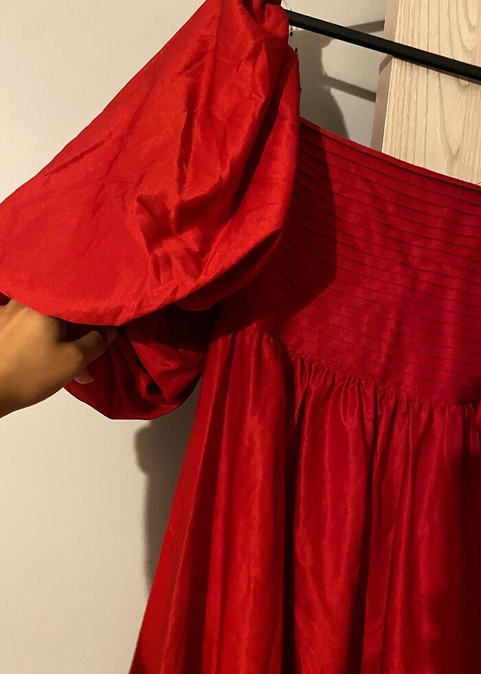 Kırmızı balon kol elbise - Görsel 2