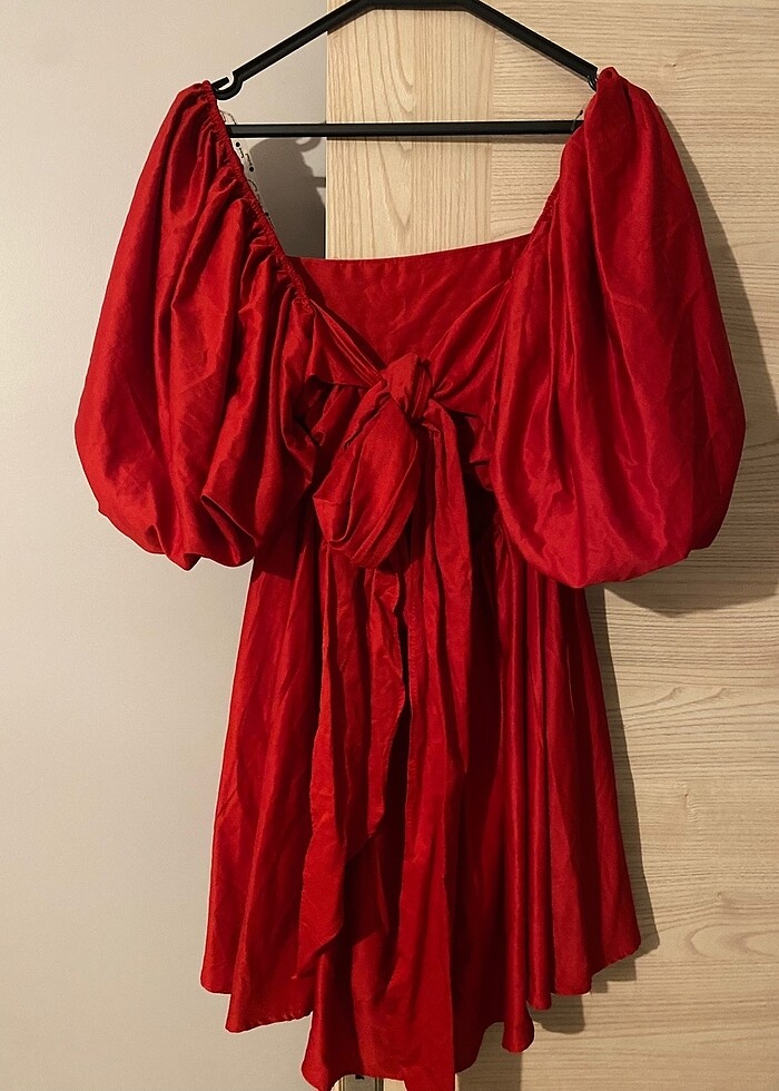 Kırmızı balon kol elbise - Görsel 3