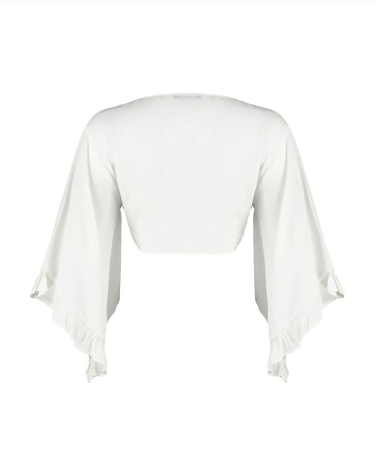 Volanlı, V Yakalı Beyaz Keten Mini Bluz - Görsel 2