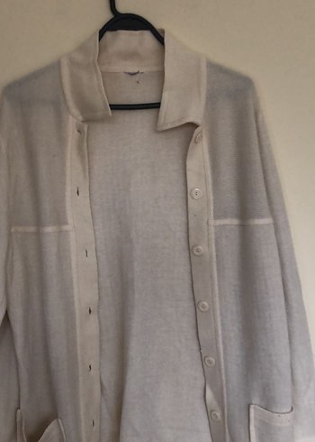 Düğmeli Beyaz Midi Keten Kadın Hırka boy 80 en 60 - Görsel 3