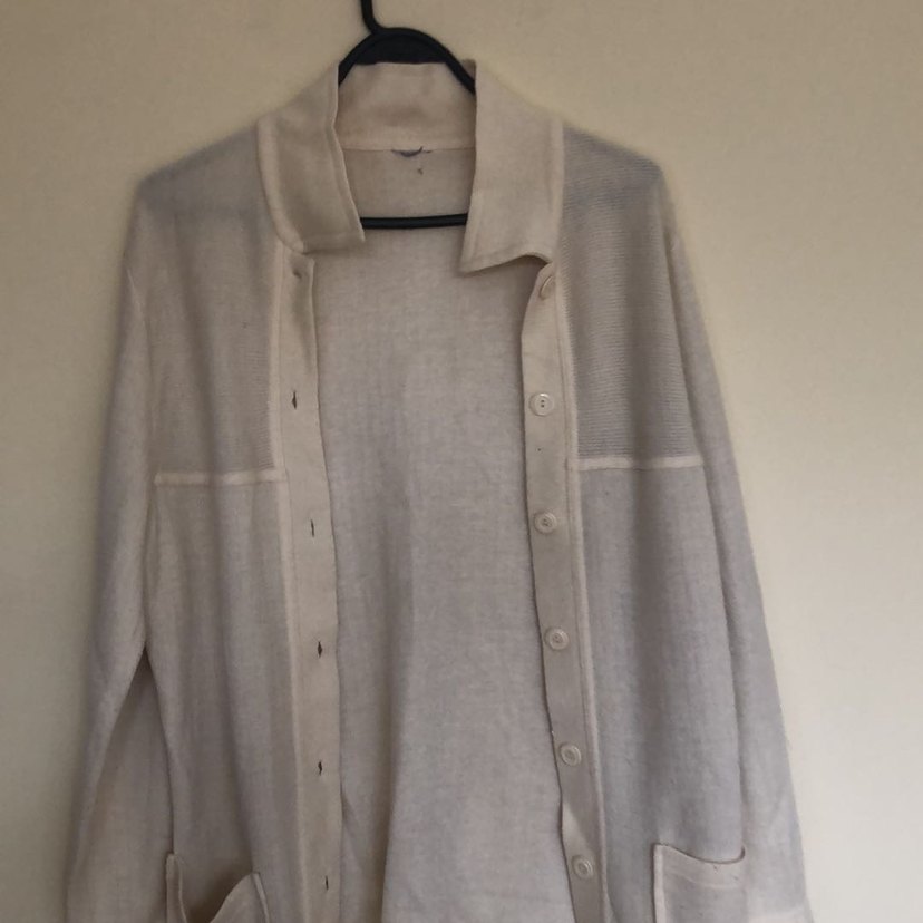 Düğmeli Beyaz Midi Keten Kadın Hırka boy 80 en 60 - Görsel 3