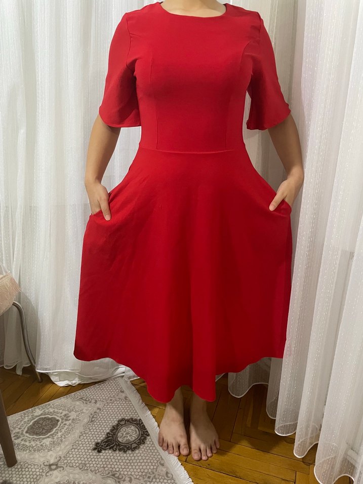 Kırmızı V Yaka Midi Kadın Elbise - Görsel 2