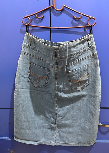 Düğmeli Mavi Midi Kot Etek - Görsel 6