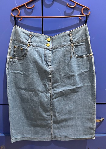 Düğmeli Mavi Midi Kot Etek - Görsel 2