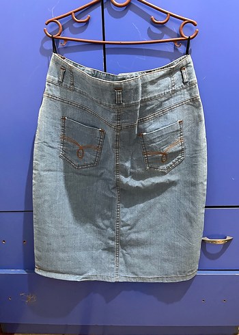 Düğmeli Mavi Midi Kot Etek - Görsel 4