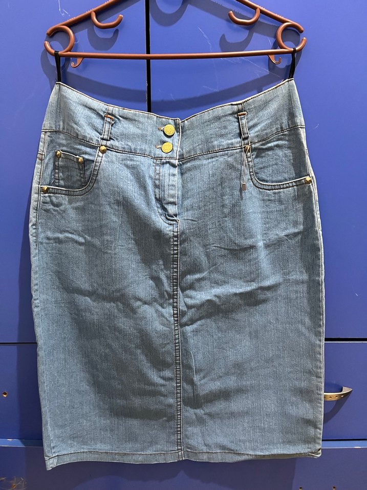 Düğmeli Mavi Midi Kot Etek - Görsel 2