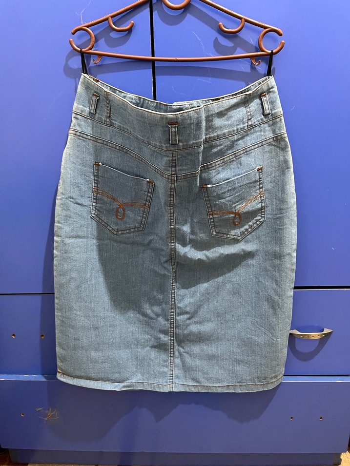 Düğmeli Mavi Midi Kot Etek - Görsel 4