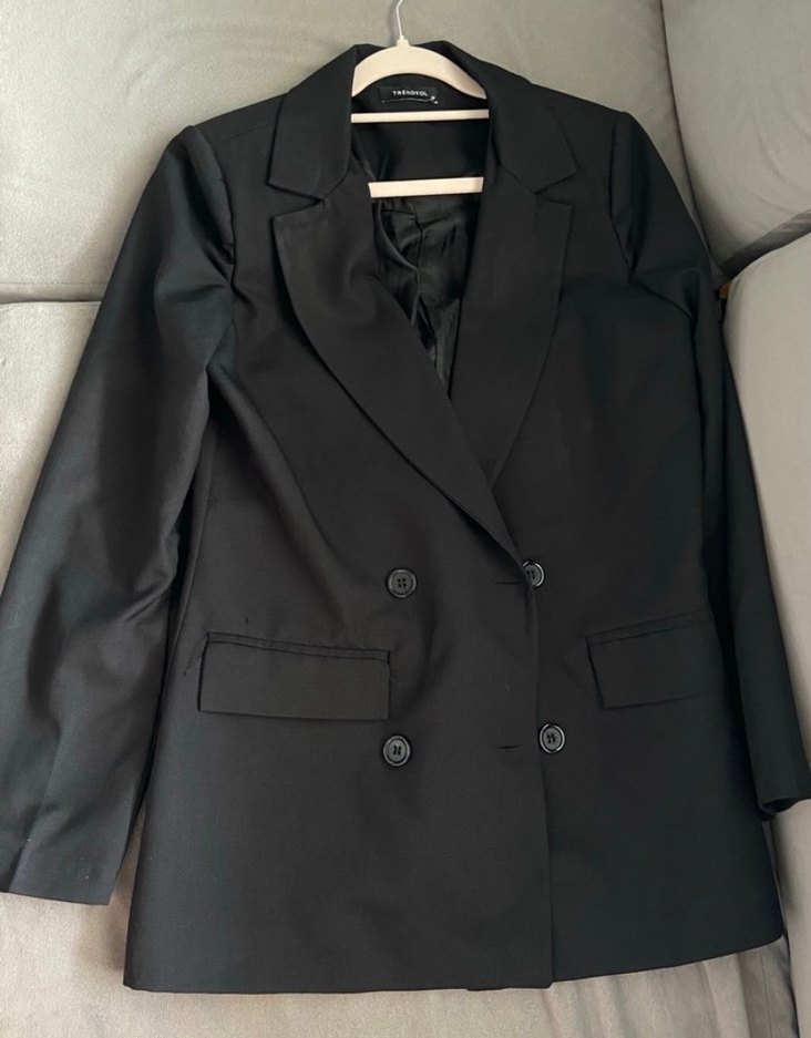 Düğmeli Siyah Midi Kadın Blazer Ceket - Görsel 3