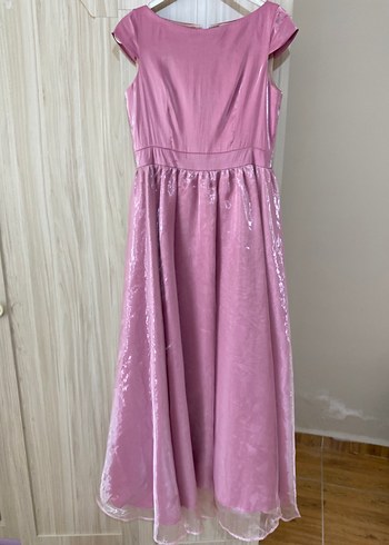Pudra Pembe Uzun Klasik genç kız Abiye Elbise