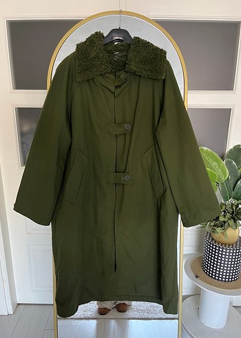 Düğmeli Haki oversize Uzun Kaban