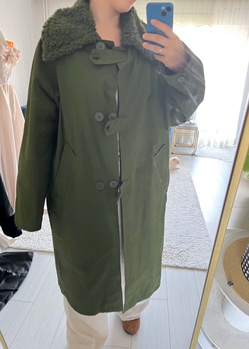 H&M Düğmeli Haki oversize Uzun Kaban