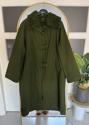 m Beden Düğmeli Haki oversize Uzun Kaban