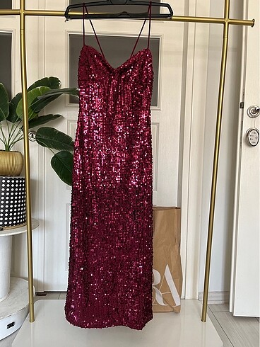 xs Beden bordo Renk Payetli gece elbisesi