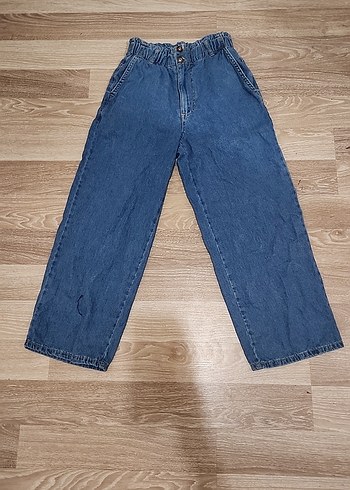 Düğmeli Mavi Kadın Denim Bol Pantolon