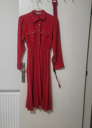 universal Beden kırmızı Renk FULLA MODA UZUN KOL ELBİSE +KEMER HEDİYELİ