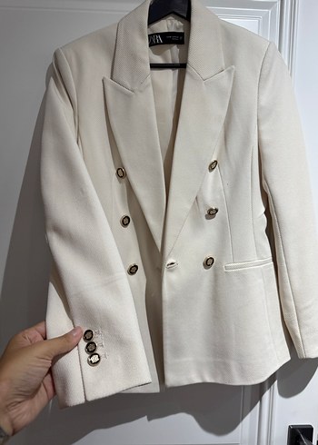 Beyaz Düğmeli Kadın Blazer Ceket - Görsel 4